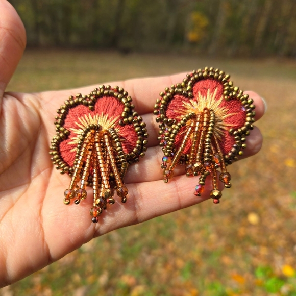 Handembroidered Flower Earrings - Picture 2 of 6